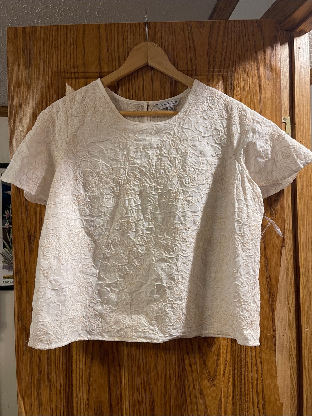 Embroidered Ivory Short Sleeve Blouse - Lightweight Floral Texture